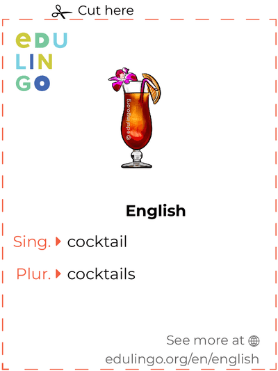 Cocktail in English vocabulary flashcard for printing, practicing and learning