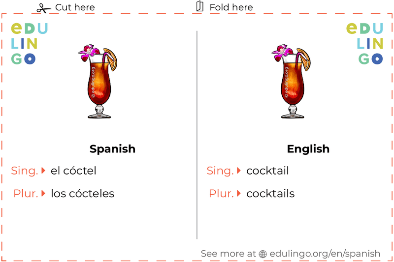 Cocktail in Spanish vocabulary flashcard for printing, practicing and learning