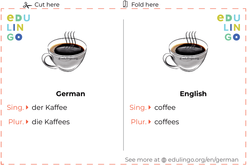 Coffee in German vocabulary flashcard for printing, practicing and learning