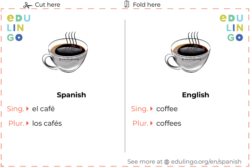 Coffee in Spanish vocabulary flashcard for printing, practicing and learning