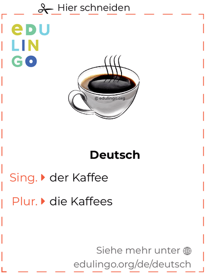 Kaffee auf Deutsch Vokabelkartei zum Ausdrucken, Üben und Lernen