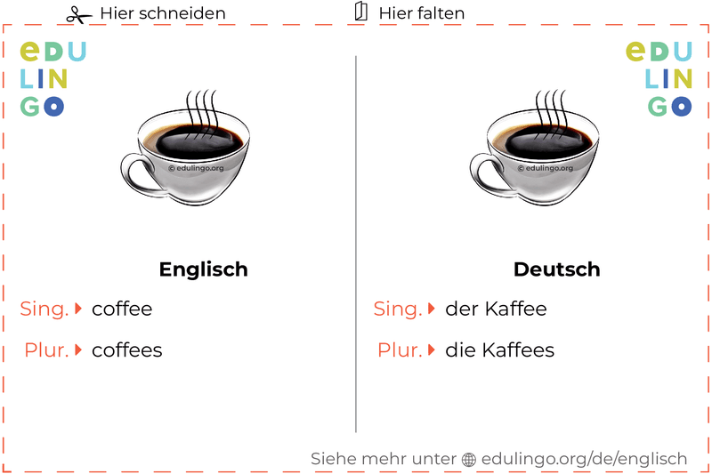 Kaffee auf Englisch Vokabelkartei zum Ausdrucken, Üben und Lernen