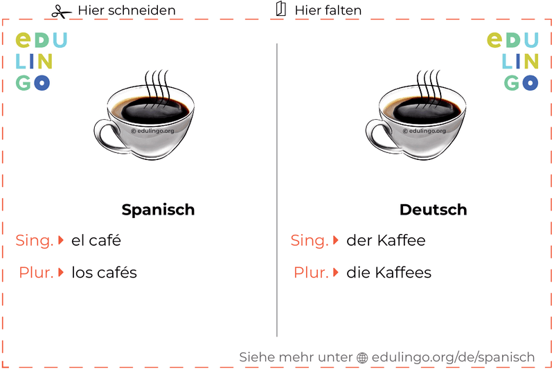 Kaffee auf Spanisch Vokabelkartei zum Ausdrucken, Üben und Lernen