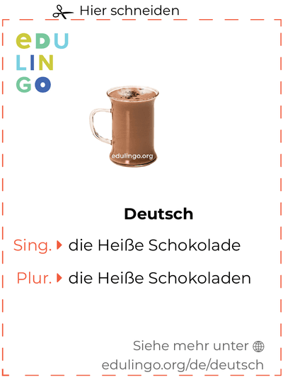 Heiße schokolade auf Deutsch Vokabelkartei zum Ausdrucken, Üben und Lernen