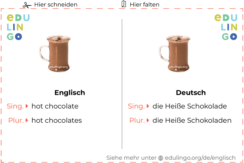 Heiße schokolade auf Englisch Vokabelkartei zum Ausdrucken, Üben und Lernen