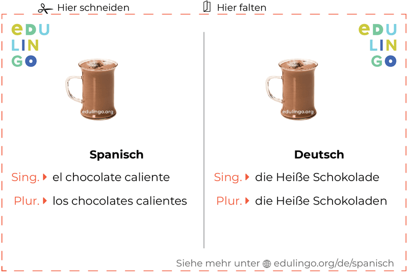 Heiße schokolade auf Spanisch Vokabelkartei zum Ausdrucken, Üben und Lernen