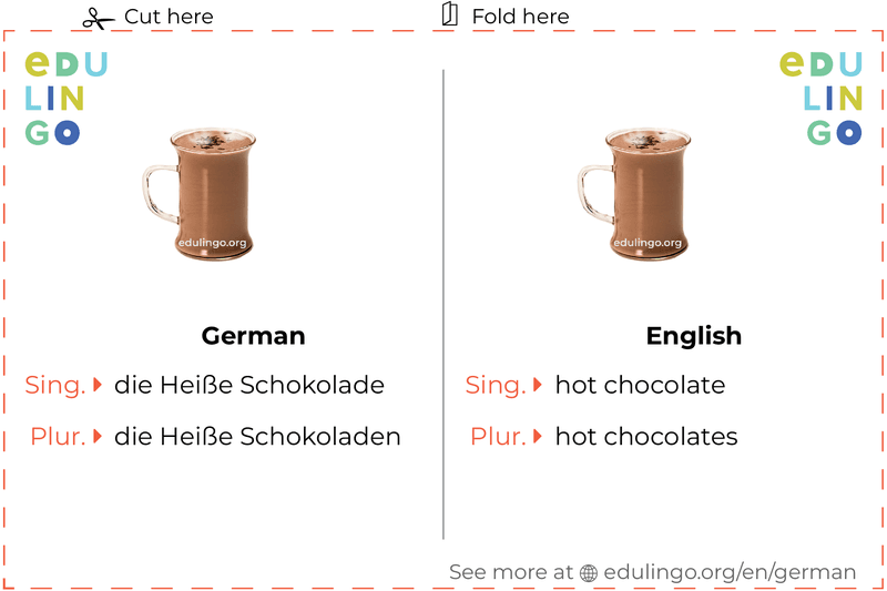 Hot Chocolate in German vocabulary flashcard for printing, practicing and learning