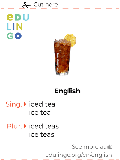 Iced Tea in English vocabulary flashcard for printing, practicing and learning