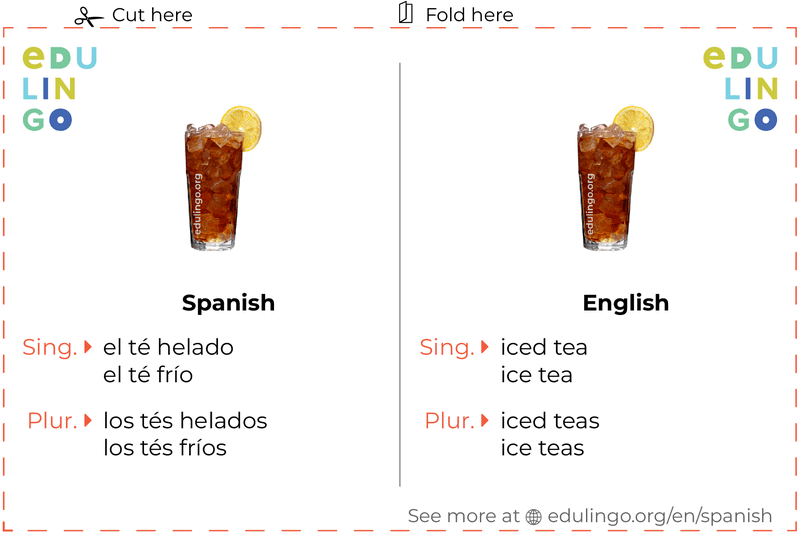 Iced Tea in Spanish vocabulary flashcard for printing, practicing and learning