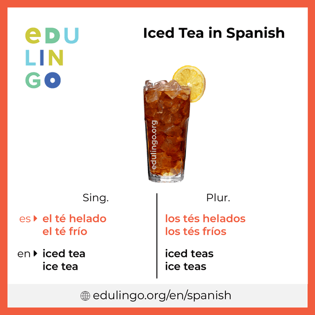 Iced Tea in Spanish vocabulary picture with singular and plural for download and printing