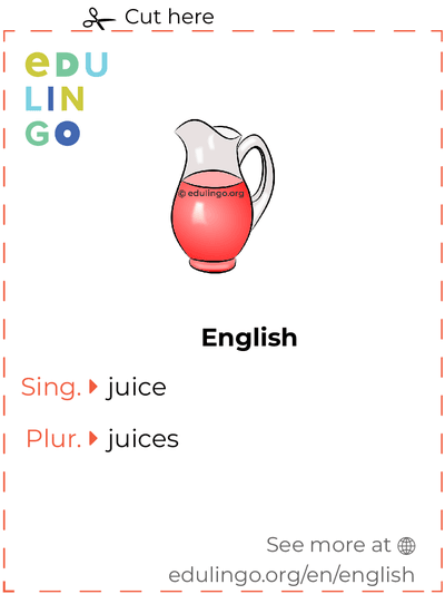 Juice in English vocabulary flashcard for printing, practicing and learning