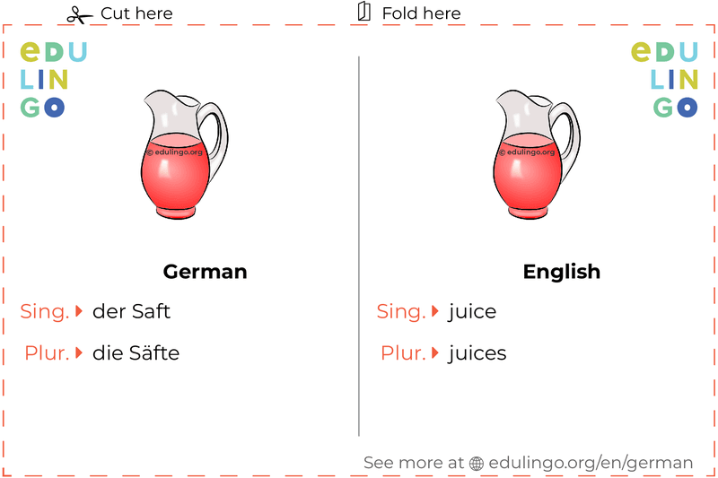 Juice in German vocabulary flashcard for printing, practicing and learning