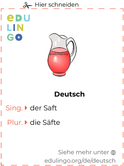 Saft auf Deutsch Vokabelkartei zum Ausdrucken, Üben und Lernen