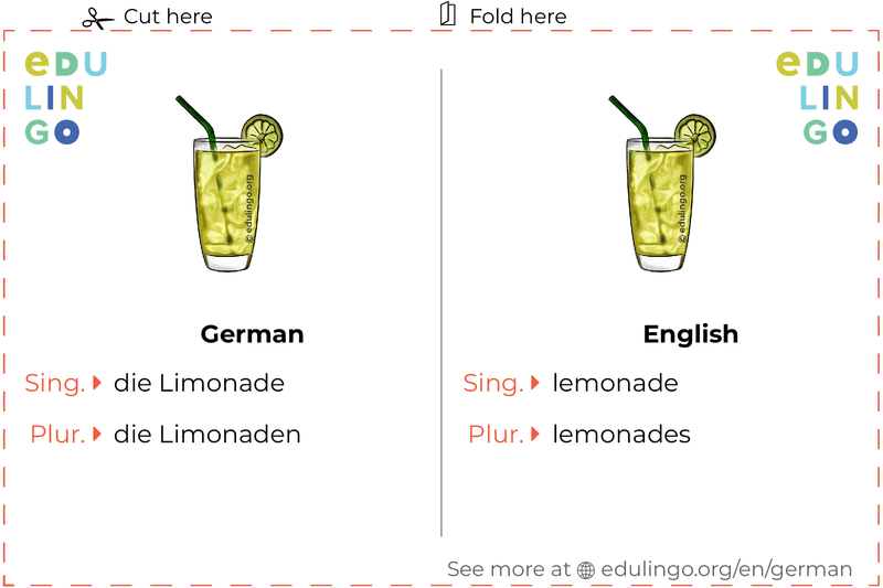 Lemonade in German vocabulary flashcard for printing, practicing and learning
