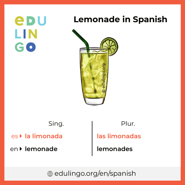 Lemonade in Spanish vocabulary picture with singular and plural for download and printing
