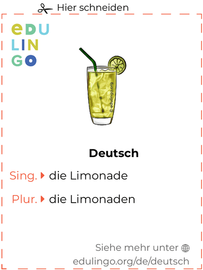 Limonade auf Deutsch Vokabelkartei zum Ausdrucken, Üben und Lernen