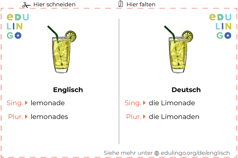 Limonade auf Englisch Vokabelkartei zum Ausdrucken, Üben und Lernen