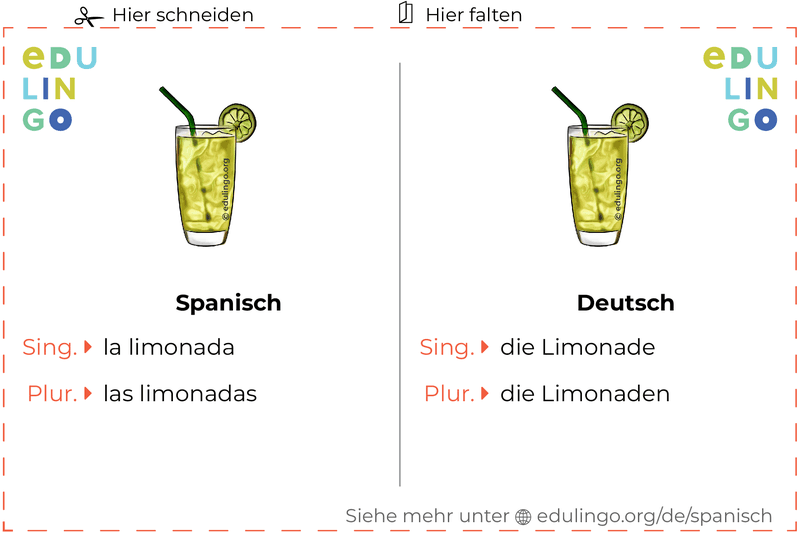 Limonade auf Spanisch Vokabelkartei zum Ausdrucken, Üben und Lernen