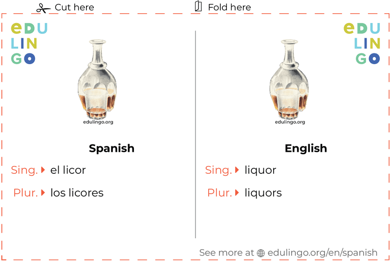 Liquor in Spanish vocabulary flashcard for printing, practicing and learning