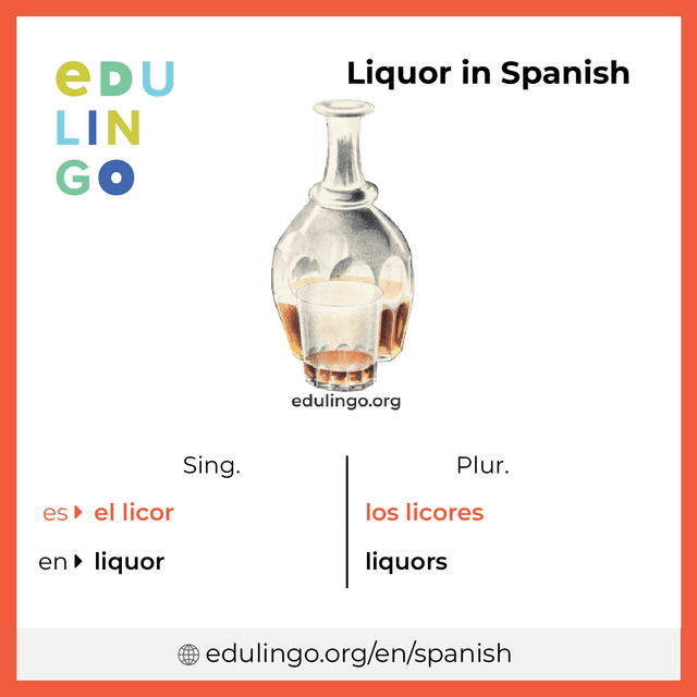Liquor in Spanish vocabulary picture with singular and plural for download and printing