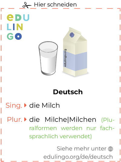 Milch auf Deutsch Vokabelkartei zum Ausdrucken, Üben und Lernen