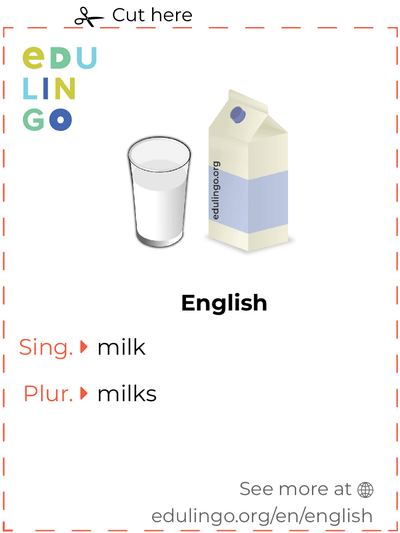 Milk in English vocabulary flashcard for printing, practicing and learning