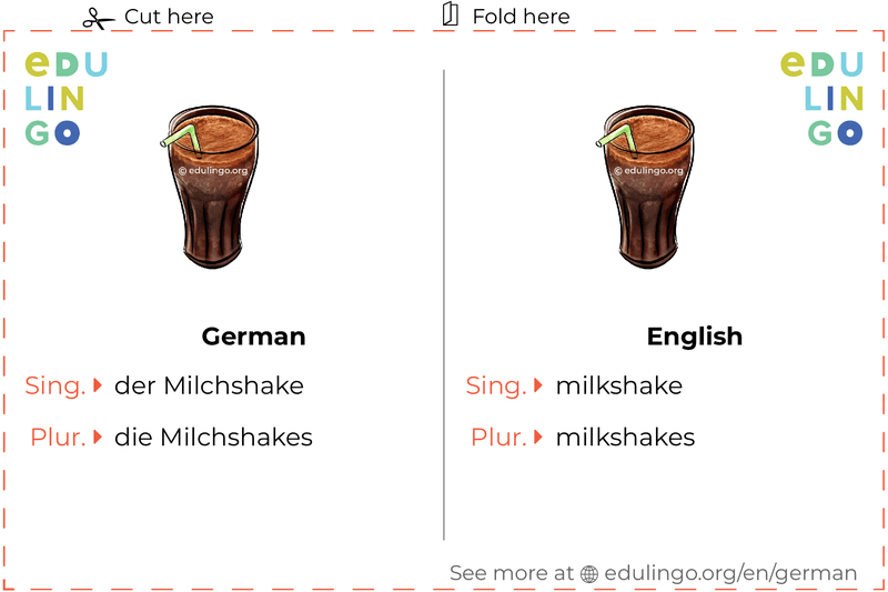 Milkshake in German vocabulary flashcard for printing, practicing and learning