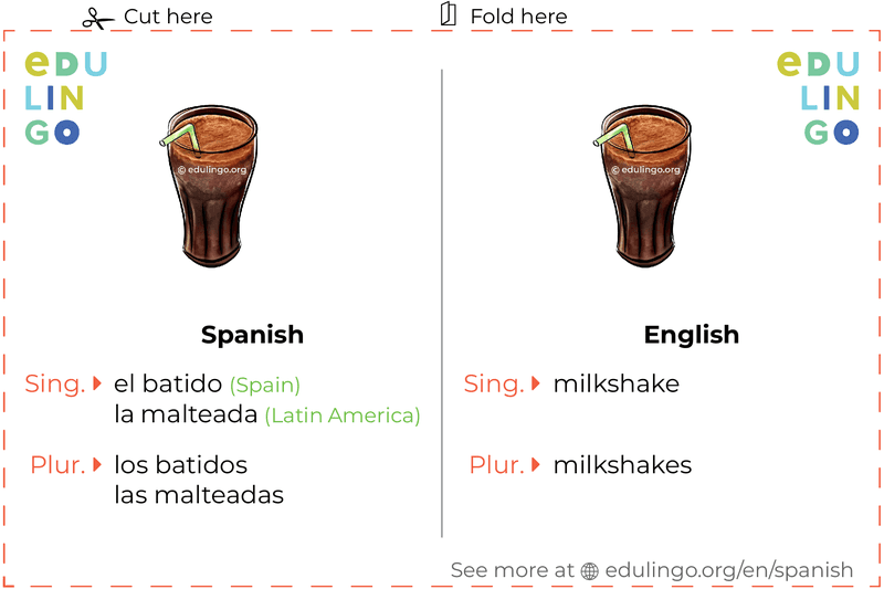 Milkshake in Spanish vocabulary flashcard for printing, practicing and learning