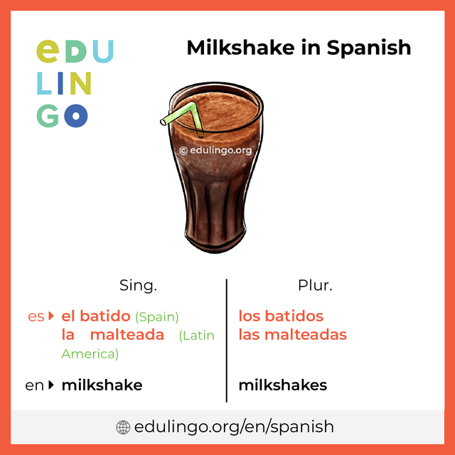 Milkshake in Spanish vocabulary picture with singular and plural for download and printing