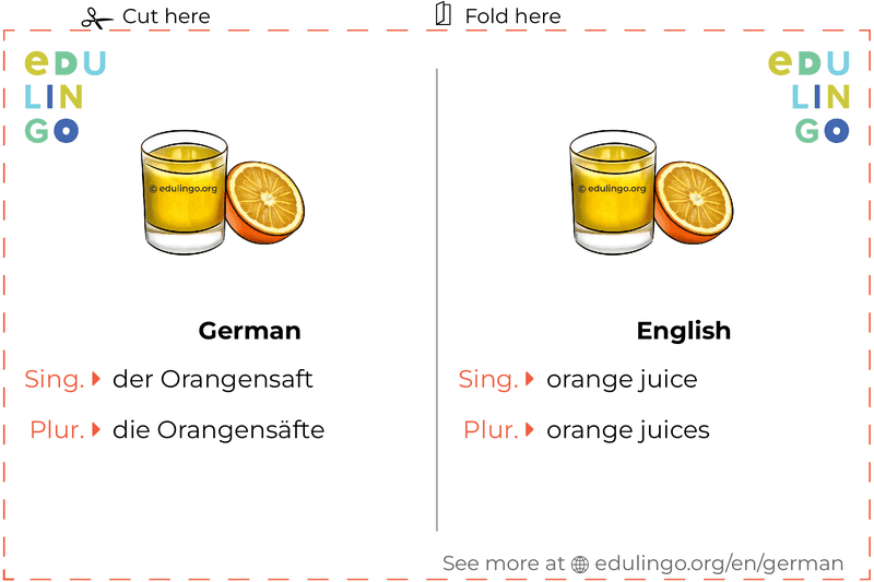 Orange Juice in German vocabulary flashcard for printing, practicing and learning