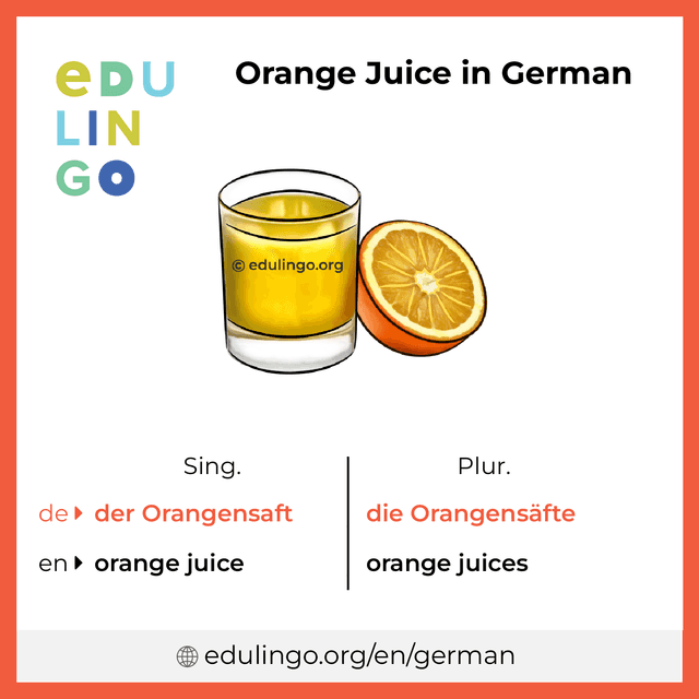 Orange Juice in German vocabulary picture with singular and plural for download and printing