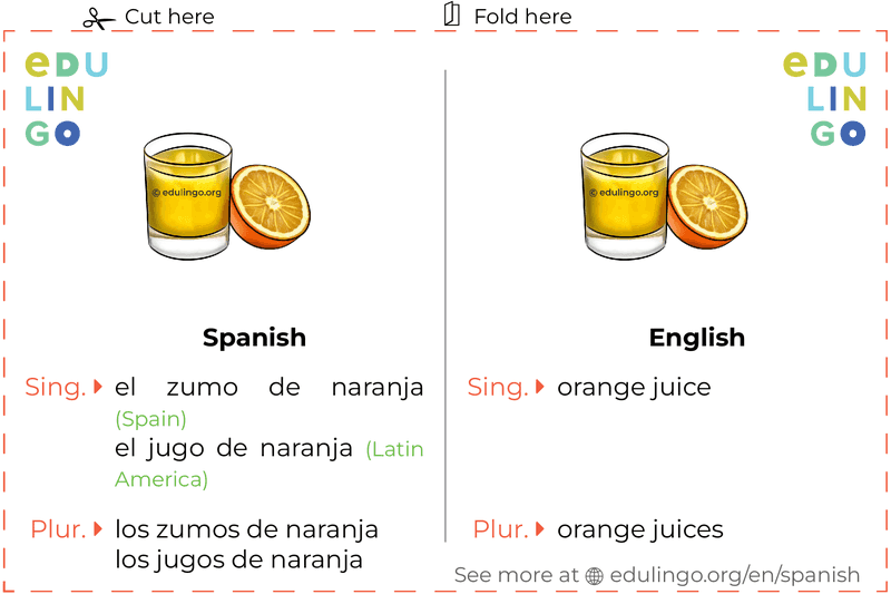 Orange Juice in Spanish vocabulary flashcard for printing, practicing and learning