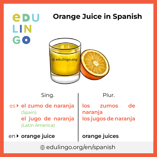 Orange Juice in Spanish vocabulary picture with singular and plural for download and printing