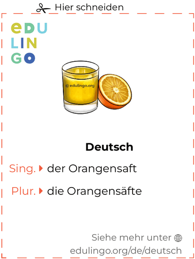 Orangensaft auf Deutsch Vokabelkartei zum Ausdrucken, Üben und Lernen