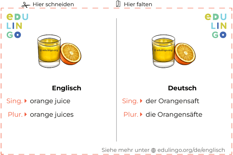 Orangensaft auf Englisch Vokabelkartei zum Ausdrucken, Üben und Lernen