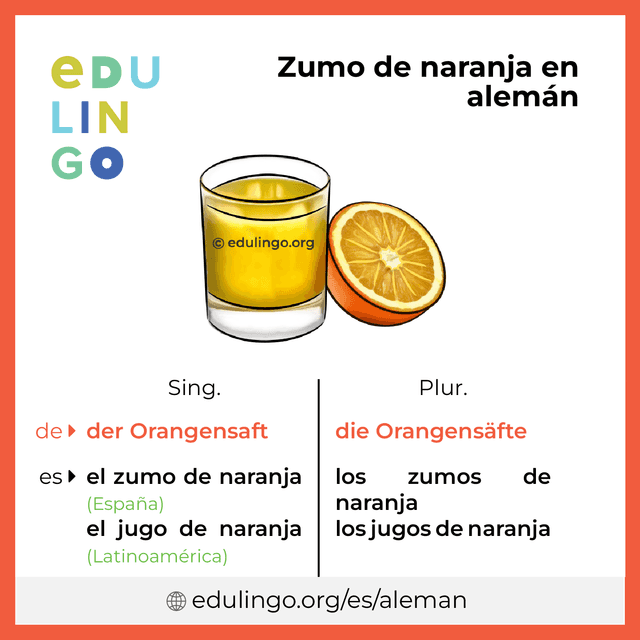Imagen de vocabulario Zumo de naranja en alemán con singular y plural para descargar e imprimir
