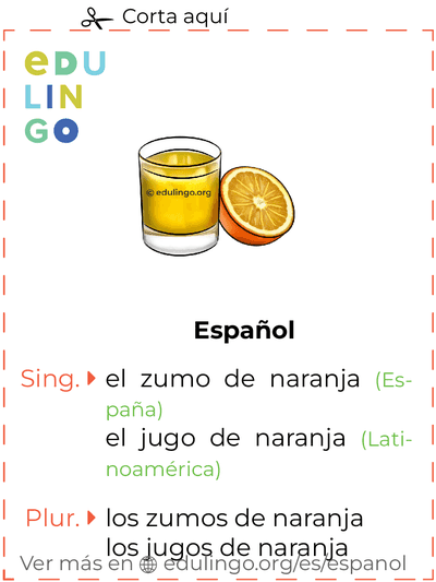 Ficha de Vocabulario Zumo de naranja en español para imprimir, practicar y aprender