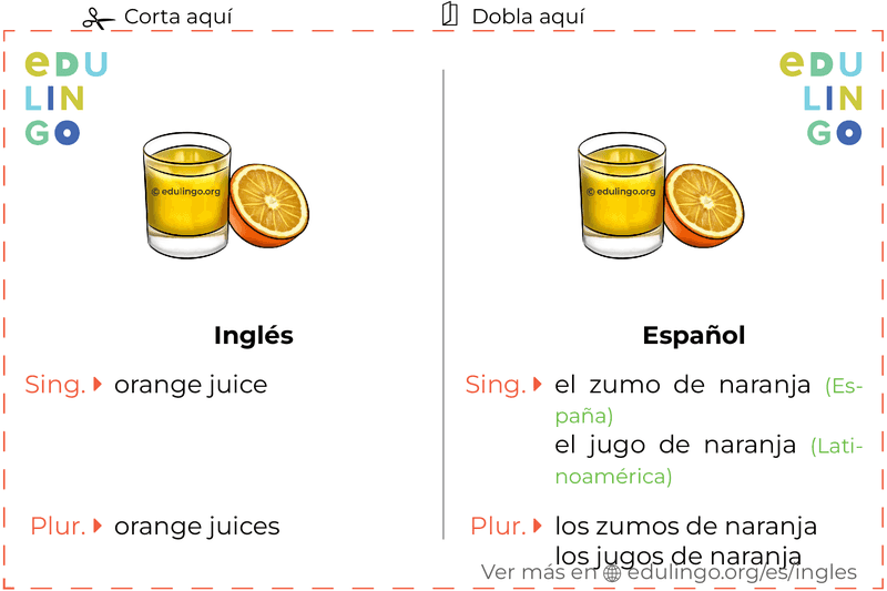 Ficha de Vocabulario Zumo de naranja en inglés para imprimir, practicar y aprender