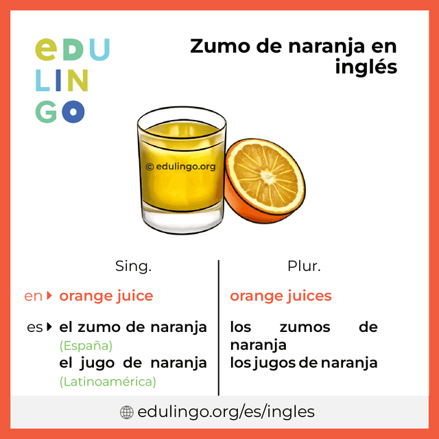 Imagen de vocabulario Zumo de naranja en inglés con singular y plural para descargar e imprimir