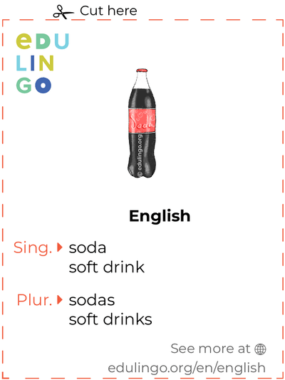 Soda in English vocabulary flashcard for printing, practicing and learning