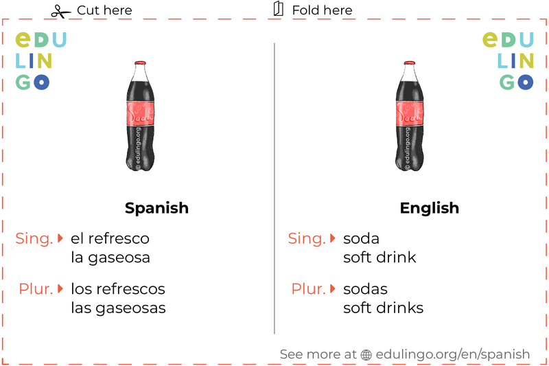 Soda in Spanish vocabulary flashcard for printing, practicing and learning