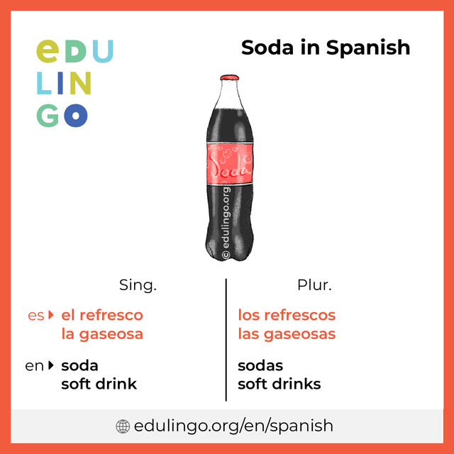 Soda in Spanish vocabulary picture with singular and plural for download and printing