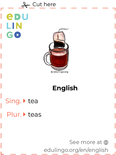 Tea in English vocabulary flashcard for printing, practicing and learning
