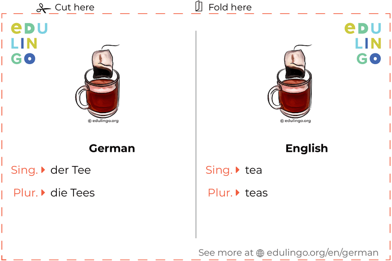 Tea in German vocabulary flashcard for printing, practicing and learning