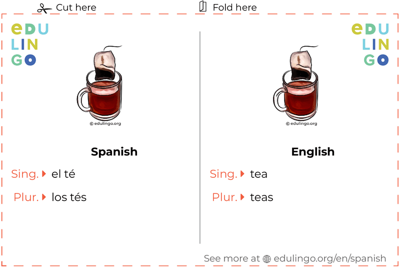 Tea in Spanish vocabulary flashcard for printing, practicing and learning