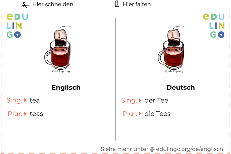 Tee auf Englisch Vokabelkartei zum Ausdrucken, Üben und Lernen