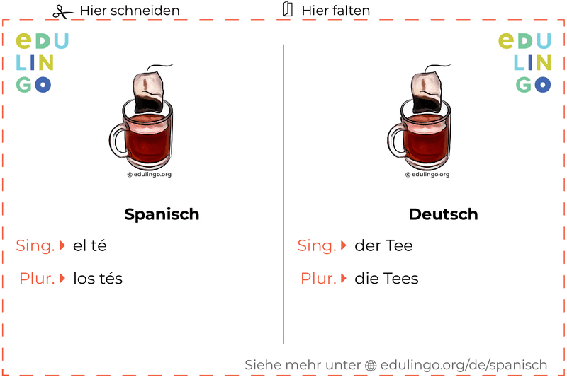 Tee auf Spanisch Vokabelkartei zum Ausdrucken, Üben und Lernen
