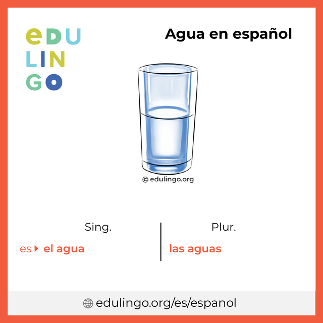 Imagen de vocabulario Agua en español con singular y plural para descargar e imprimir