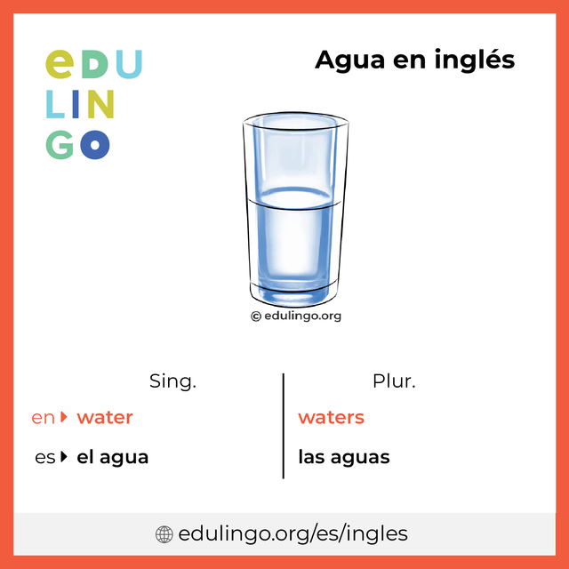 Imagen de vocabulario Agua en inglés con singular y plural para descargar e imprimir