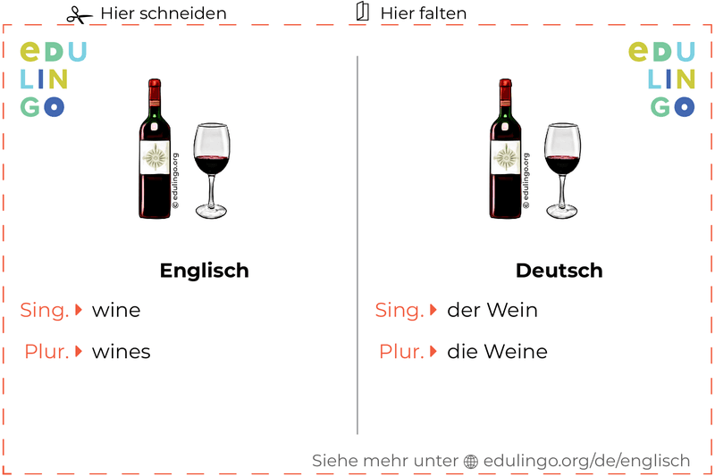 Wein auf Englisch Vokabelkartei zum Ausdrucken, Üben und Lernen